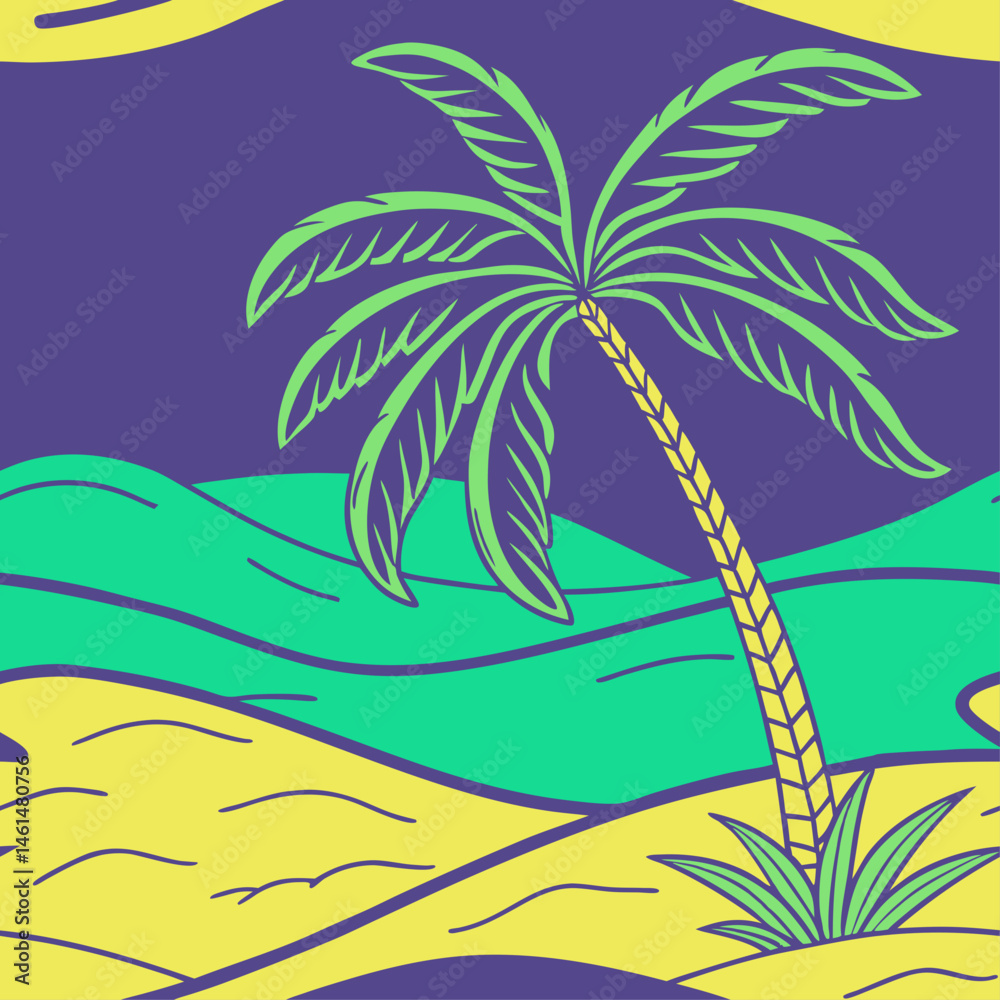 Fototapeta premium Palm Tree Beach Sun Moon Seamless Pattern Tropical Island Design