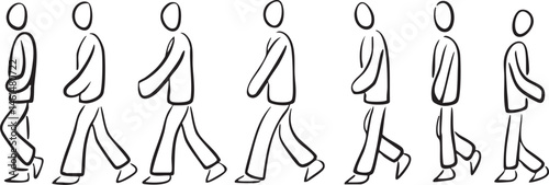 A series of stylized stick figures demonstrating a walking sequence.