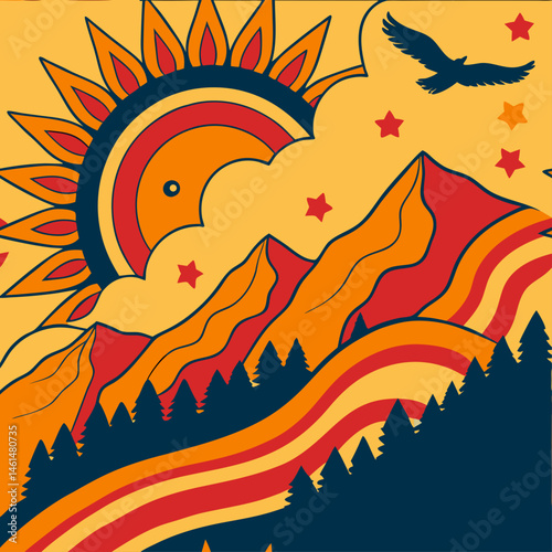 Sun Mountains Birds Seamless Pattern Esoteric Landscape Nature Design