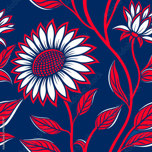 Stylized Flower Stars Seamless Pattern Botanical Night Design