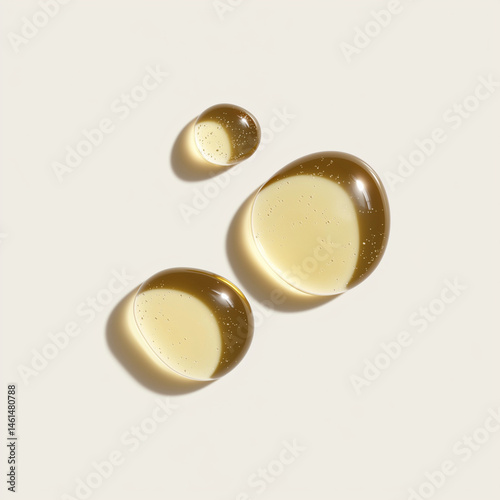 clear gold oil sphere droplets, glass texture, liquid bubble, water, clean energy, cosmetic, serum, gel, moisture, close up of oil, drops, 3d render, vector