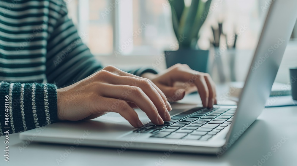Person typing on a laptop in a modern workspace environment. Virtual teams with leadership concept. Person typing on a laptop in a modern workspace environment. Virtual teams with leadership concept.