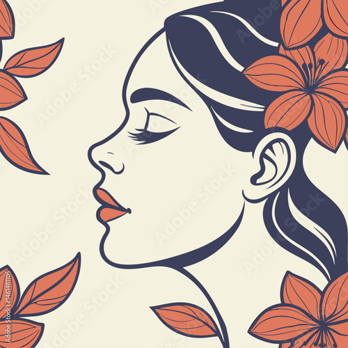 Woman Profile Large Flower Seamless Pattern  Floral Portrait Design