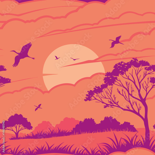Birds Desert Sunset Seamless Pattern Esoteric Landscape Freedom Design