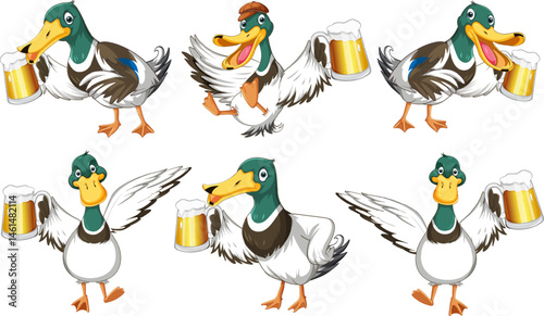 set of wild duck drinking beer in different poses vector icon logo character premium illustration