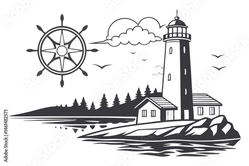 94 Silhouette, lighthouse, coastal scene, black and white, minimalist, reflections, water, clouds, iconic, symmetrical composition, vector art style, nautical theme, tranquil atmosphere, graphic desig