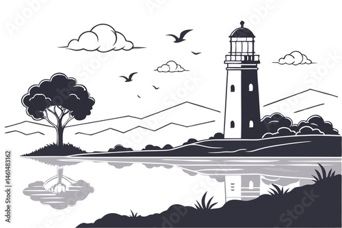 94 Silhouette, lighthouse, coastal scene, black and white, minimalist, reflections, water, clouds, iconic, symmetrical composition, vector art style, nautical theme, tranquil atmosphere, graphic desig
