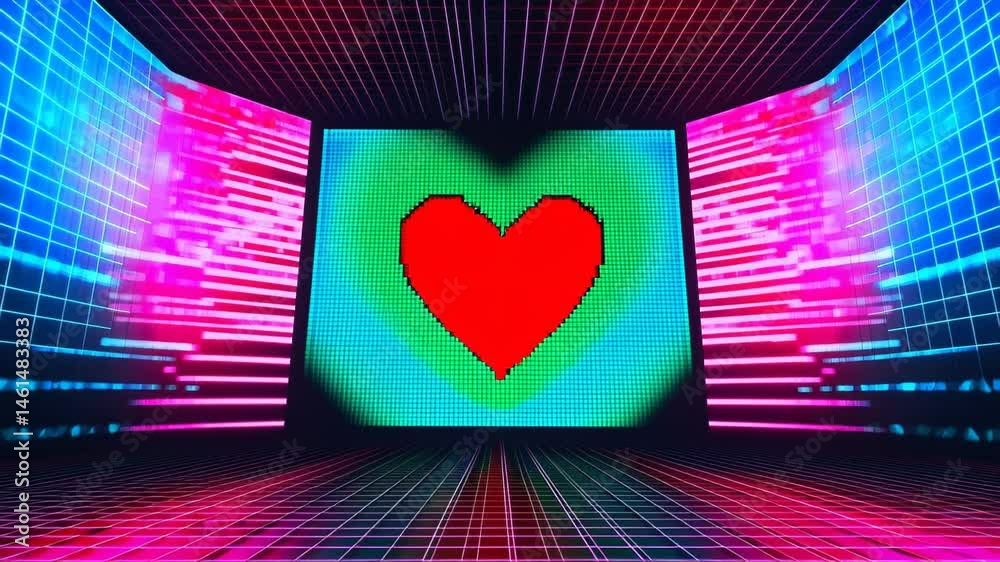 Retro pixel art game over screen with red heart and futuristic grid background in vibrant neon colors