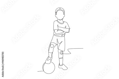 A boy is posing while stepping on a ball. Kid footsal concept one-line drawing