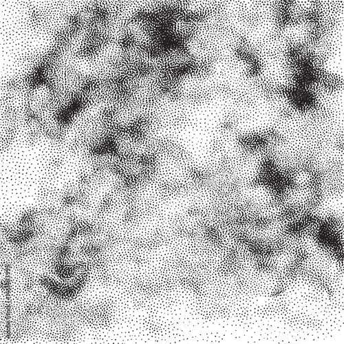 A dense of dark dots creates a textured surface with blurred faces.