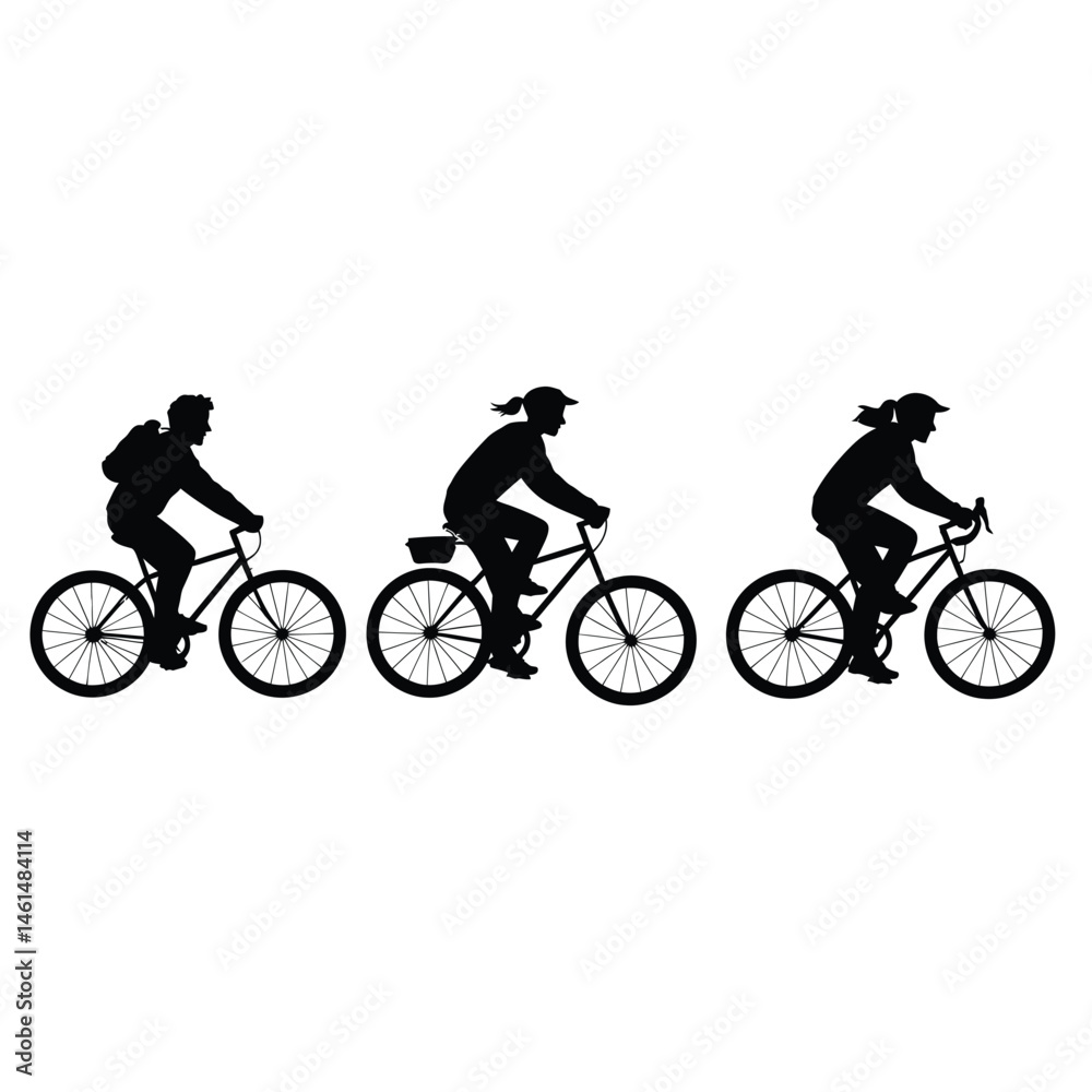 Fototapeta premium Three cyclists silhouettes on bicycles in profile view.