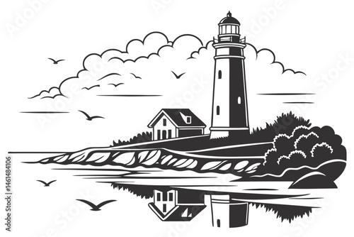94 Silhouette, lighthouse, coastal scene, black and white, minimalist, reflections, water, clouds, iconic, symmetrical composition, vector art style, nautical theme, tranquil atmosphere, graphic desig
