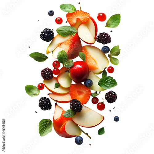 Cinematic Fruit Salad with Mint and Berries Isolated on Transparent Background