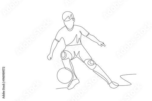 Boy dribbling the ball. Kid footsal concept one-line drawing