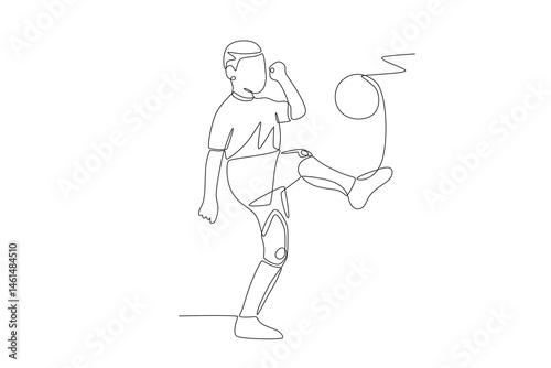 The boy will kick the ball. Kid footsal concept one-line drawing