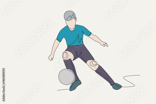 Colored boy dribbling the ball. Kid footsal concept one-line drawing