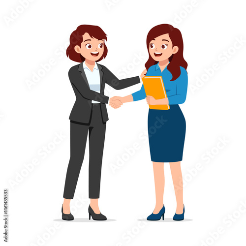 Two Happy Businesswomen Shaking Hands in Agreement with Smiling Face in Cartoon Illustration