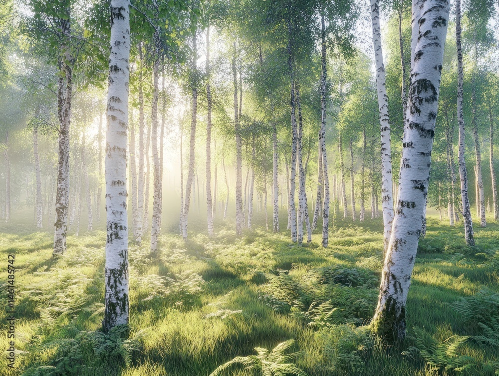 Obraz premium Sunlight filtering through birch trees in a forest