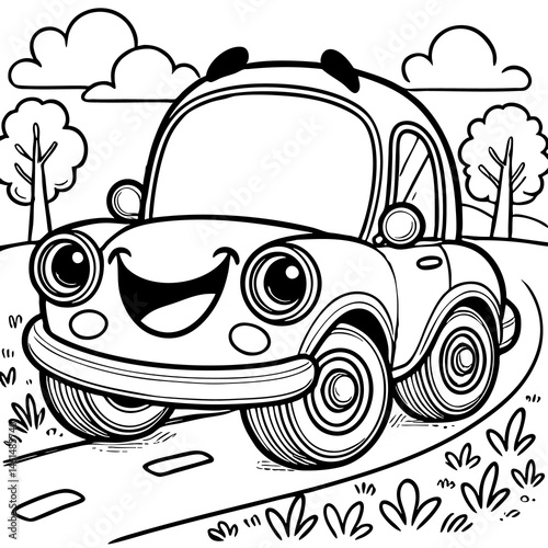 Friendly cartoon car with expressive face. Fun vehicle coloring page.