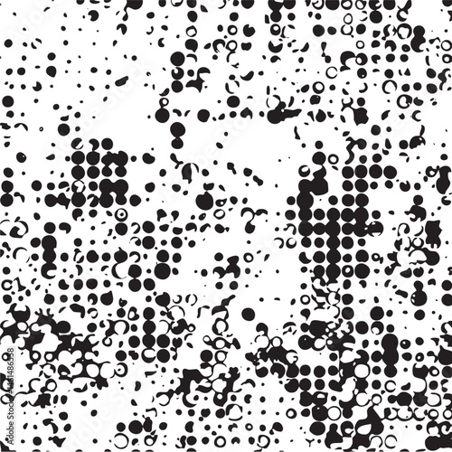 A dense of overlapping black and white circular shapes.