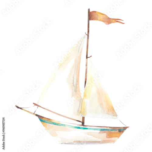 Marine sailboat, hand-drawn in watercolor. Isolated object on a white background. Marine illustration. Drawing for printing on invitations, postcards, fabrics.
