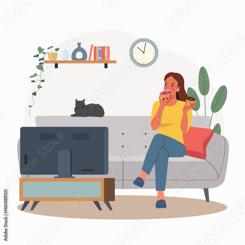 Young woman eats a donuts and watches TV on the sofa.  Flat style cartoon vector illustration.