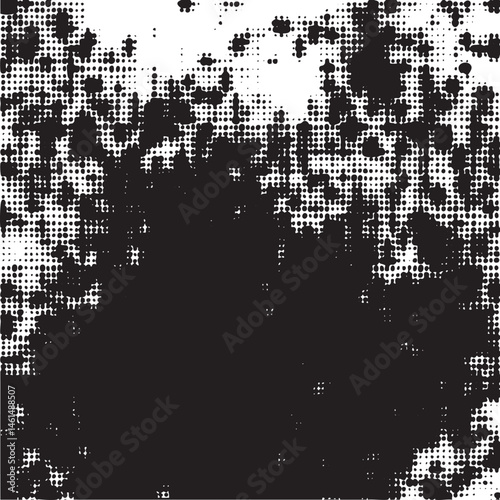 A dense textured field of small white dots against a dark background creates an abstract and dynamic visual.