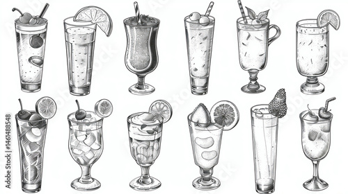 Fresh up beverage, fruit or vegetable refreshment smoothies drinks doodle hand drawn design set. Vegetarian organic juicy lemonade, natural milkshake