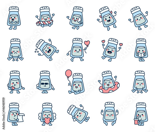 Salt shaker cartoon characters in kawaii cute style expressing emotions drinking coffee reading letters relaxing meditating waving celebrating and spreading love and joy