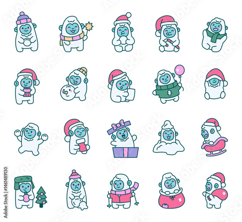 Cute yeti christmas cartoon characters for festive cards, winter stickers, holiday posters, classroom decor, kids projects, scrapbooking and more