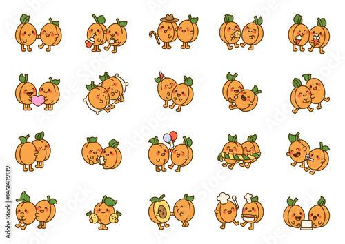 Romantic apricot couple in kawaii cartoon style hugging kissing drinking tea sharing letters celebrating watching movies and showing love and emotions together