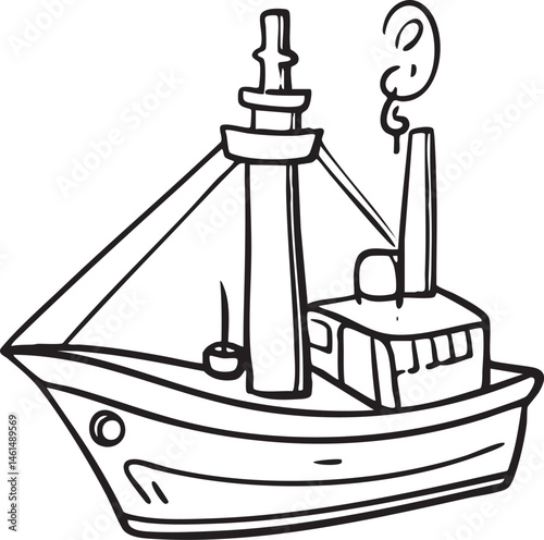 A small fishing boat drifts on calm water with a plume of