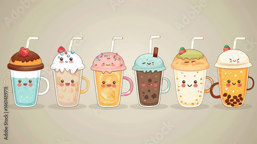 Retro cartoon sweet food and beverage characters  illustration. Vintage donut, juice, coffee, latte, ice cream, bubble tea mascot.