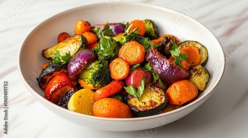 Colorful roasted vegetable bowl on sleek white marbled backdrop