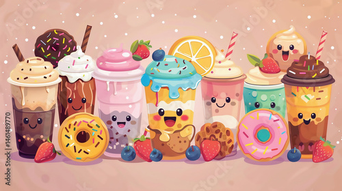 Retro cartoon sweet food and beverage characters  illustration. Vintage donut, juice, coffee, latte, ice cream, bubble tea mascot.
