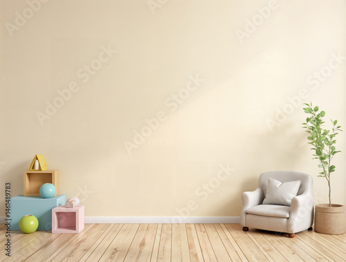 Nursery mockup, neutral unisex children room interior background