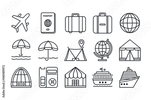 Simple Line Icons Representing Global Travel and Accommodation