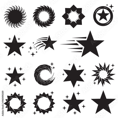 Hand drawn silhouette stars with sketch and artistic styles in a complete decorative set
