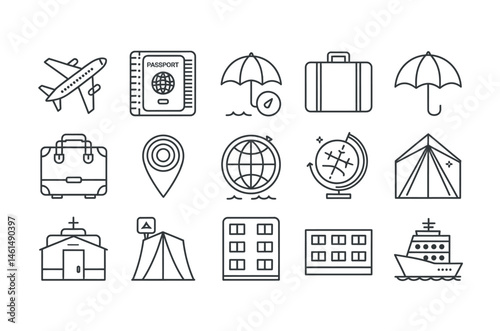 Simple Line Icons Representing Global Travel and Accommodation