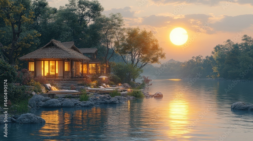 Fototapeta premium Serene lakehouse basking in sunset's glow, reflected in calm waters