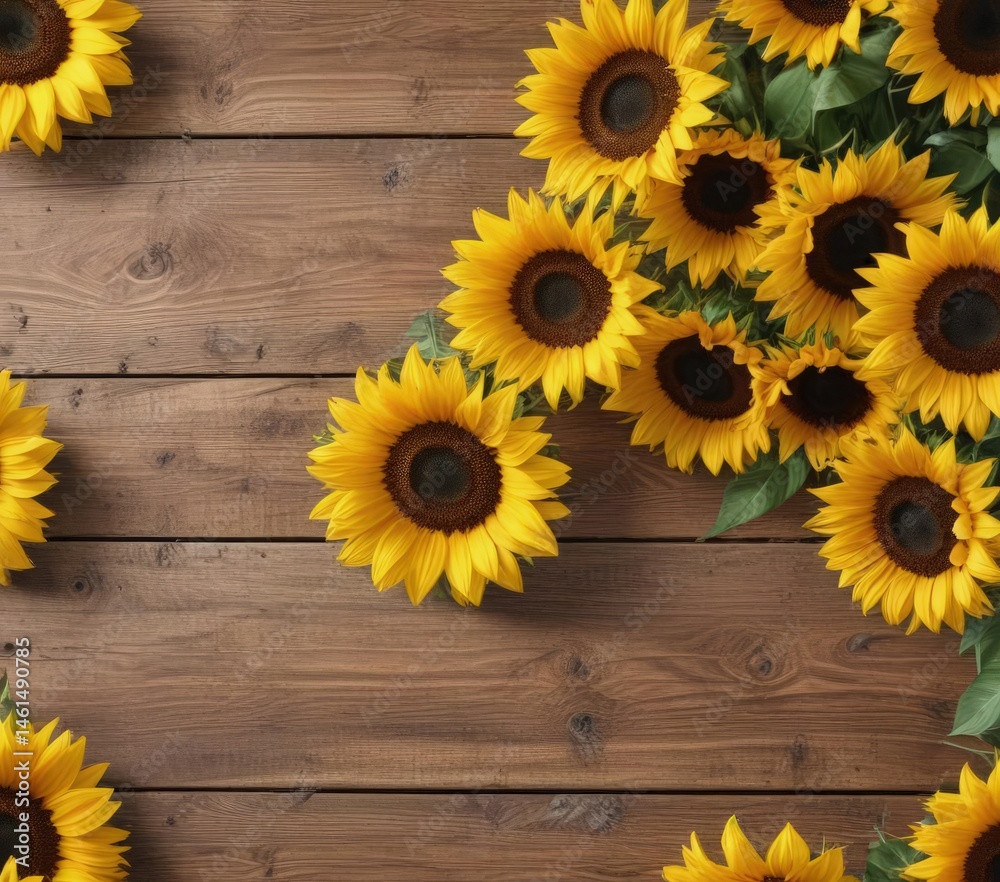 Fototapeta premium Vibrant sunflowers arranged on rustic wooden board, wood, texture