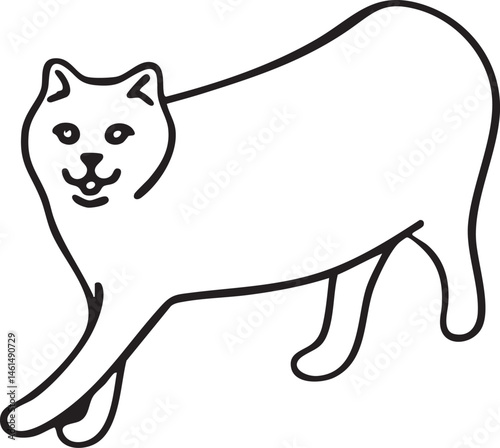 A white cat gracefully strides forward in a simple drawing.