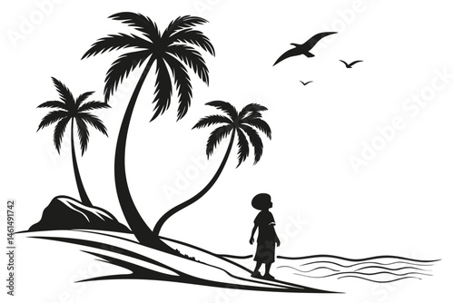 96 Tropical island silhouette, palm trees, small child figure, seabird, ocean reflection, black and white illustration, minimalist design, tranquil scene, isolated landscape, beach paradise, solitude,