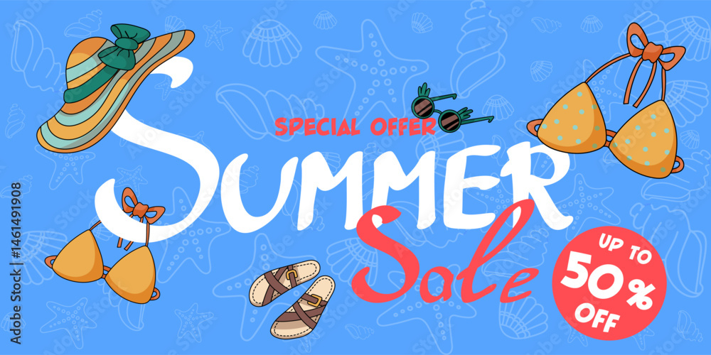 Naklejka premium Bright summer sale banner with lettering, swimsuit, hat, sunglasses, sandals and seashell pattern. Colorful cartoon vector for seasonal promo and shop ads.