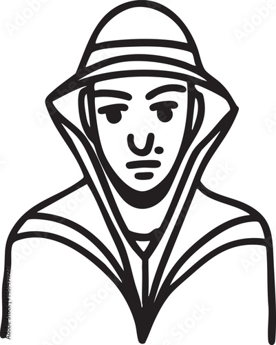 A regal man in a hooded robe gazes intently forward.