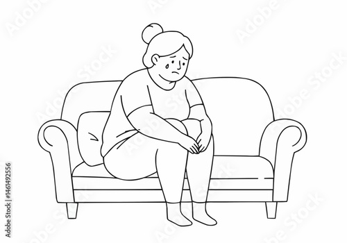 Woman sitting sadly on a couch in a minimalist illustration  