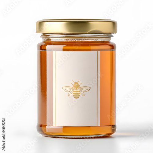 Glass Jar of Honey with Gold Lid and Bee Label Mockup