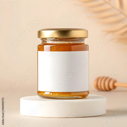 Honey Jar Mockup with Blank Label on Minimalist Beige Background