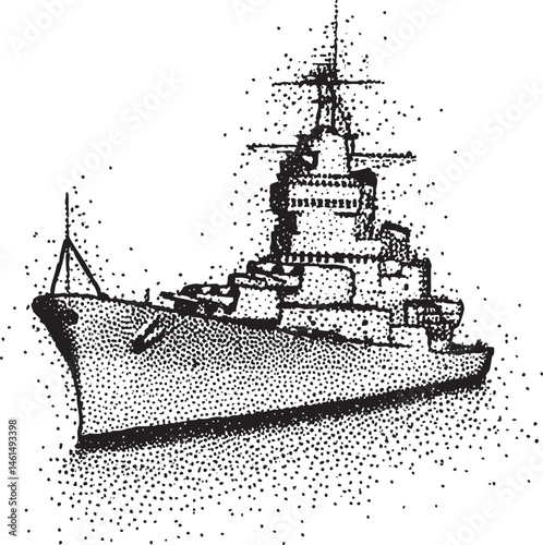 A black and white depicts a naval vessel sailing on the open water.