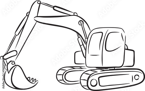A black and white excavator arm extends to scoop earth.